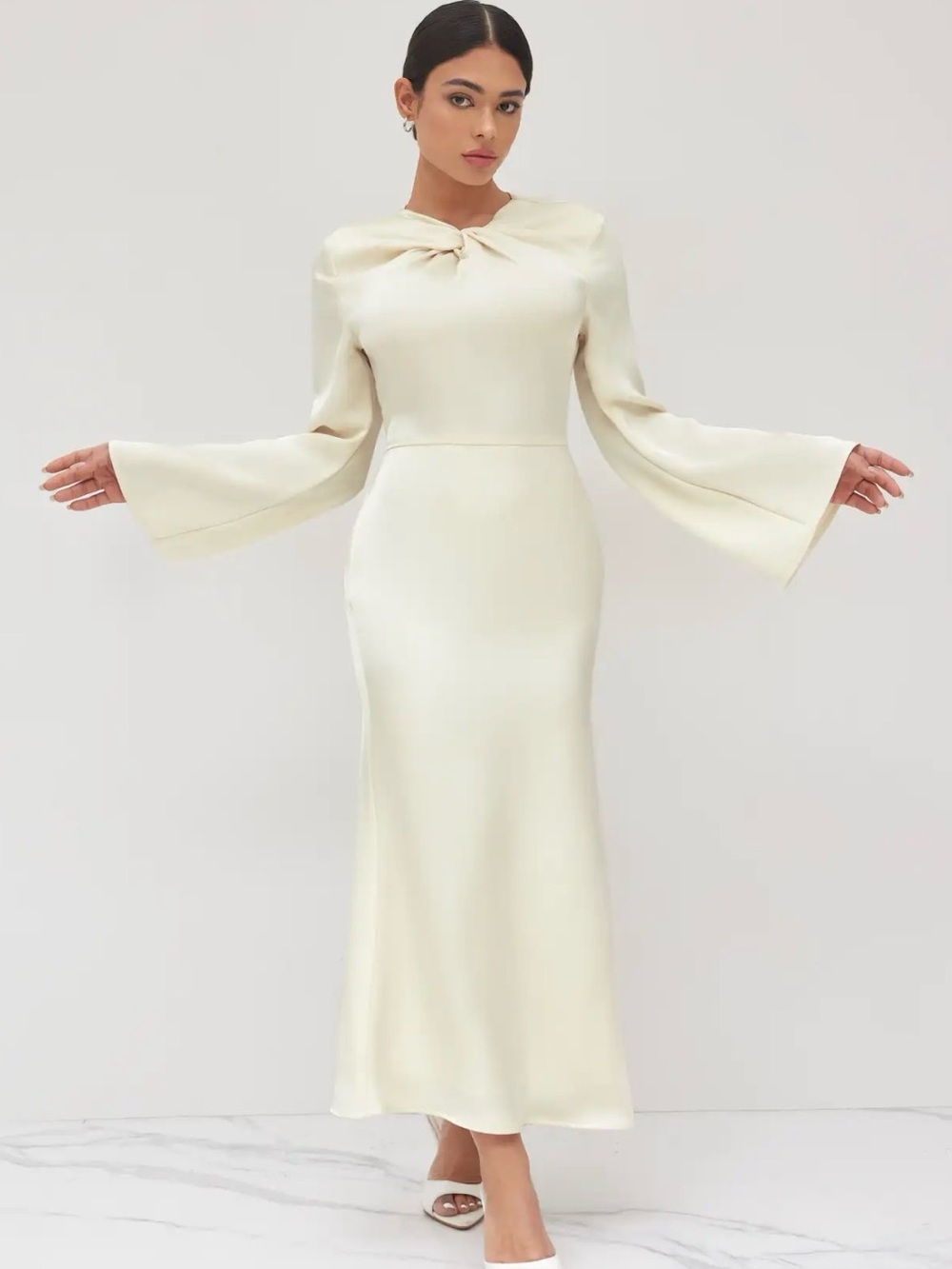 NWT Cider Elegant Cream Long-Sleeve Twist-Neck Maxi Dress